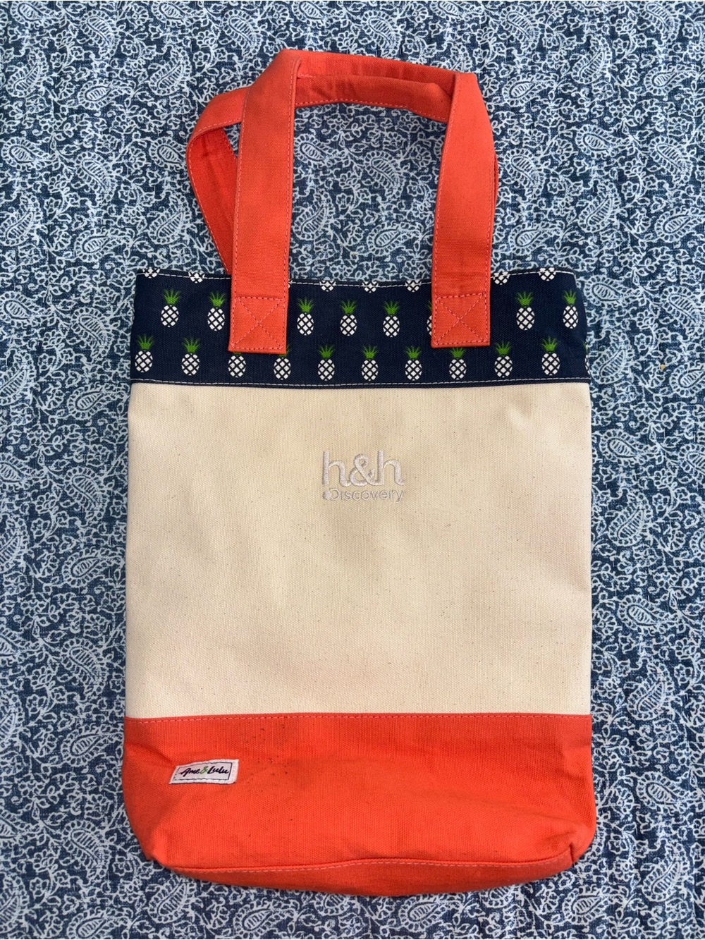 Discovery Canvas Tote in Cream, Orange and Navy Pineapple Accent